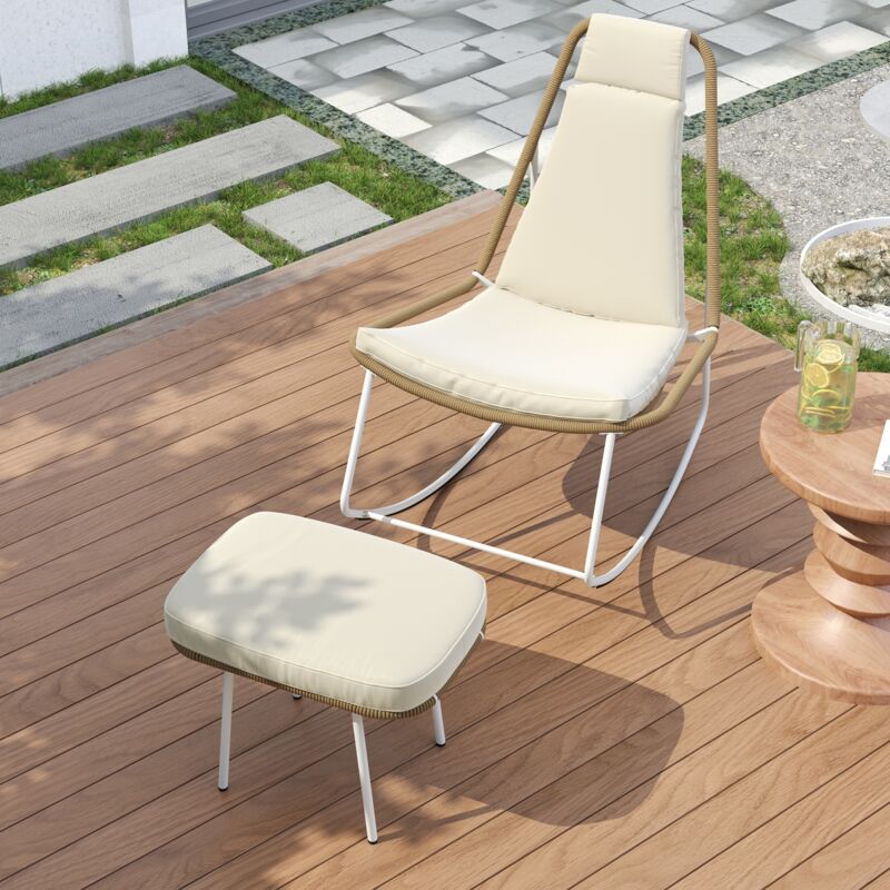 Ensemble de chaises à bascule de jardin, chaise + repose-pieds, charge maximale 160 kg, pour terrasse/jardin/balcon, beige