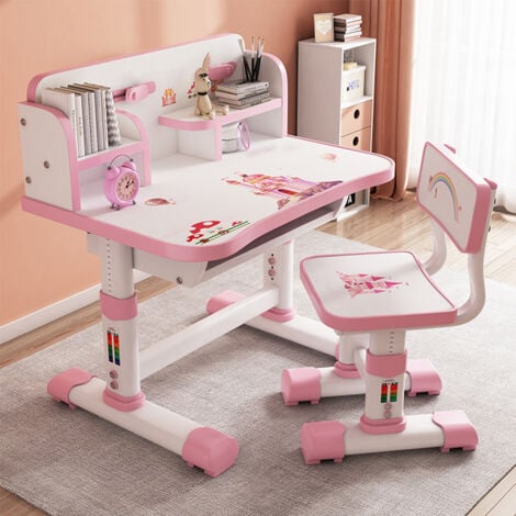 SINBINTA Ensemble de chaises de Bureau pour Enfants, Table d'étude d'étudiant réglable en Hauteur, Support de Lecture, Bureau et Chaise multifonctionnels pour Enfants - 202 Château rose