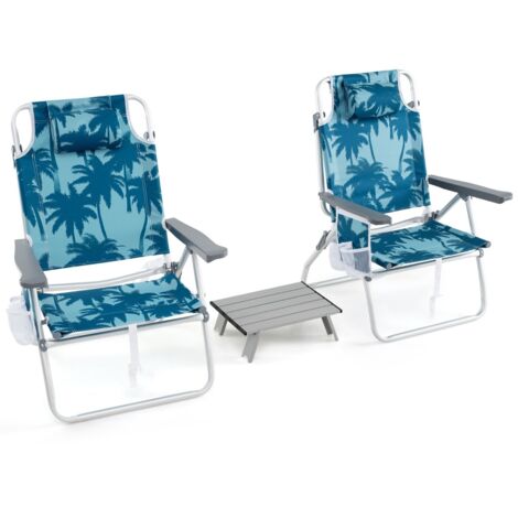 Ensemble de Chaises de Plage et Table Pliables Chaises de Jardin 5 Positions avec Table d'Appoint Cadre en Aluminium Léger Bleu