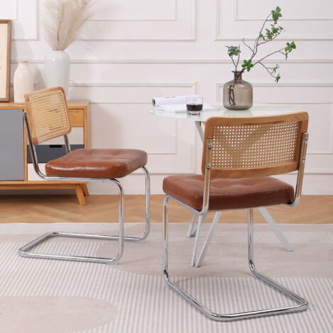 Ensemble de chaises de salle à manger en rotin marron (lot de 2) avec coussin en cuir et dossier en maille