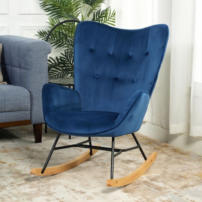 fauteuil à bascule scandinave velours bleu pieds en bois clair - bleu - urban meuble