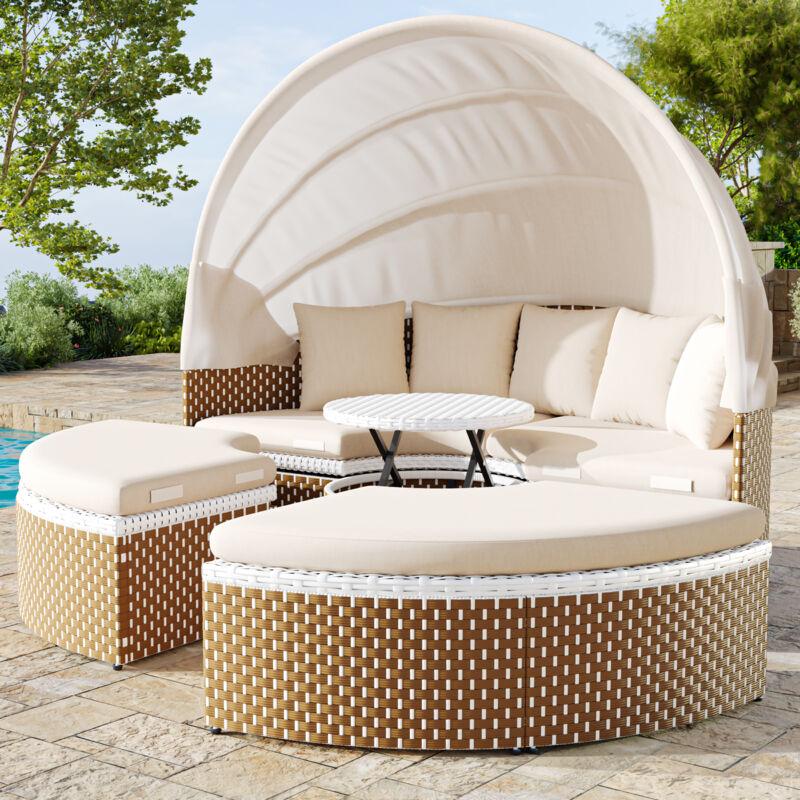 Ensemble de chaises longues de jardin, Sun Island, table et chaises de jardin en rotin, chaise longue de jardin, auvent extensible, plateau de table