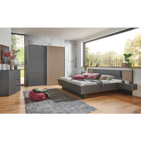 Ensemble de chambre à coucher (armoire + commode + lit adulte 180 x 200 ) coloris graphite, imitation chêne Artisan -PEGANE-