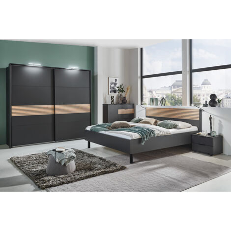 Ensemble de chambre à coucher complète (lit adulte 180 x 200 cm + 2 tables de chevet + armoire  + commode  )coloris graphite, rechampis aspect clayettes imitation chêne Artisan