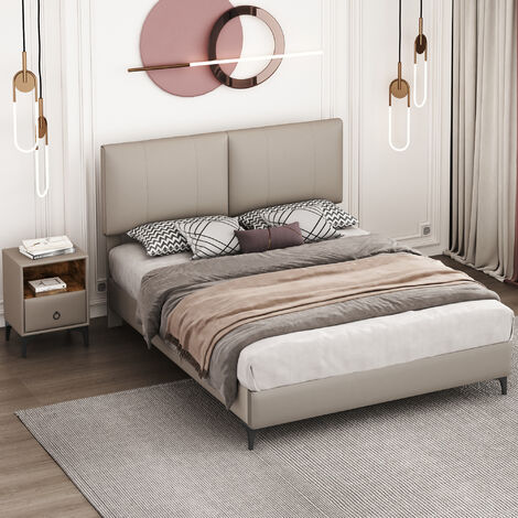 Ensemble de chambre à coucher, lit double 140x200 cm design moderne + table de chevet, chambre complète, PU, gris