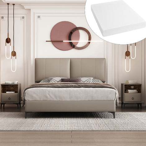 Ensemble de chambre à coucher, lit double 140x200cm en PU + 2 tables de chevet + matelas en éponge, chambre complète, gris