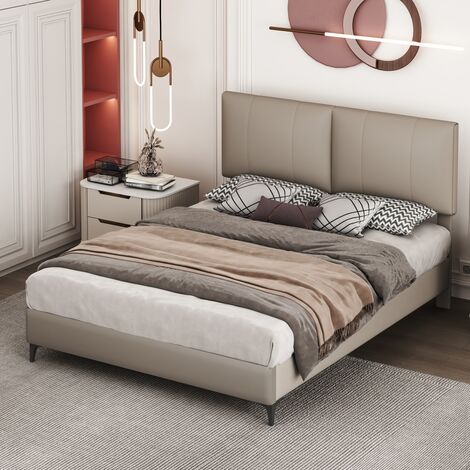 Ensemble de chambre à coucher, lit double design moderne + 1x table de chevet, lit rembourré, table de chevet avec un tiroir, chambre complète, PU, ​​gris clair (140x200cm)