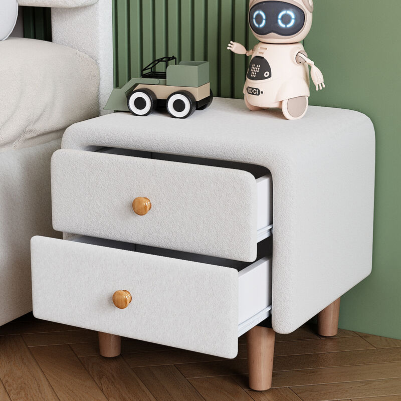 Table de chevet capitonnée avec 2 tiroirs, poignée ronde en bois, pieds en bois, blanc