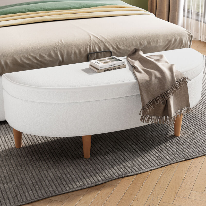 Banquette blanche, surface de tabouret semi-circulaire, pied en bois, blanc