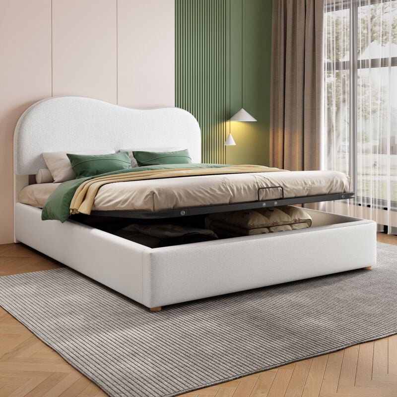 Lit coffre Lit adulte lit double 140 x 200 cm avec tête de lit de forme spéciale, sommier à lattes en métal, blanc