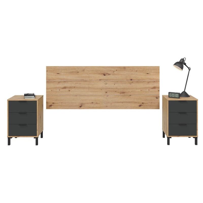 Chambre double Enzo 240 cm (largeur) x 101 cm (hauteur) x 33 cm (profondeur) - Chêne Nodi - Gris Anthracite