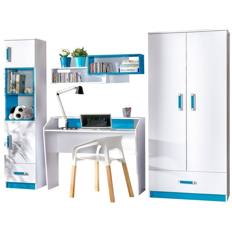 Mobilier1 - Chambre enfant complète Sorviru 106, Blanc + Turquoise