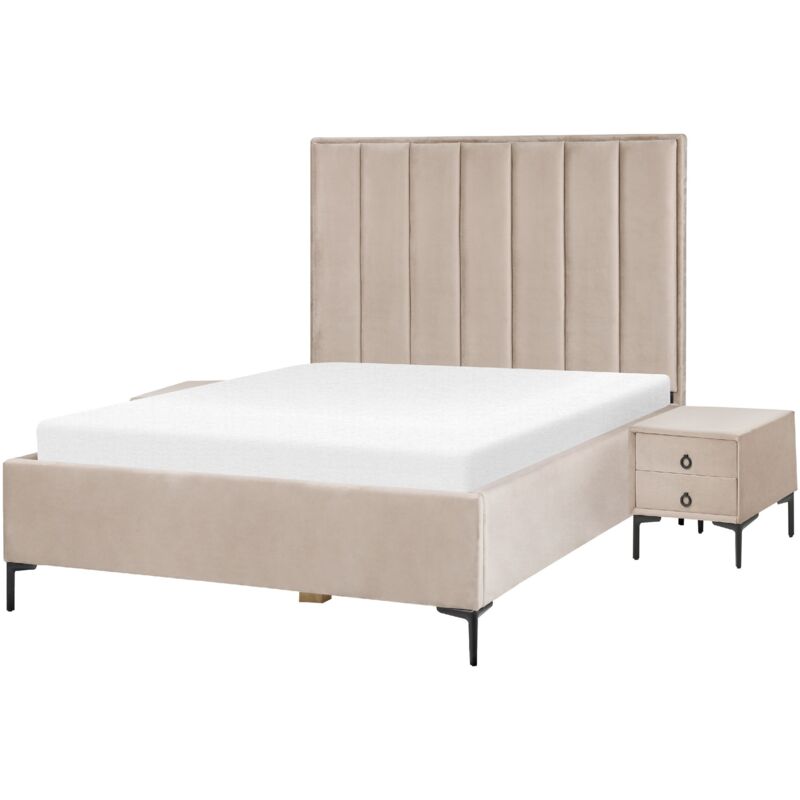 Beliani - Ensemble de Chambre Lit Coffre Double 140 x 200 cm et 2 Tables de Chevet en Velours Taupe Sezanne