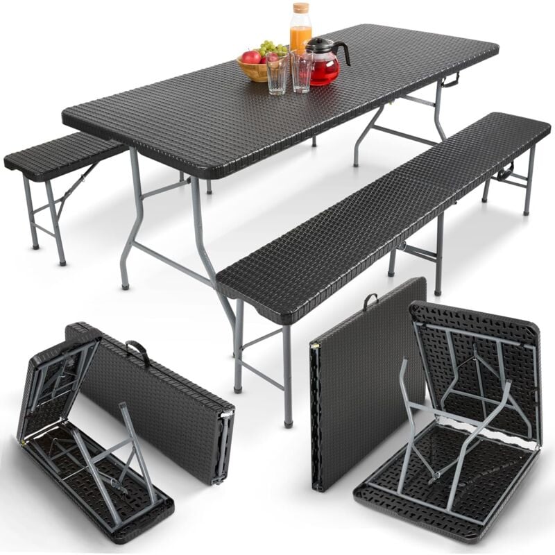 Arebos - Ensemble de Table de Camping Pliante Aspect rotin Tente à bière Banc en rotin Optique pour 6 personnes Noir