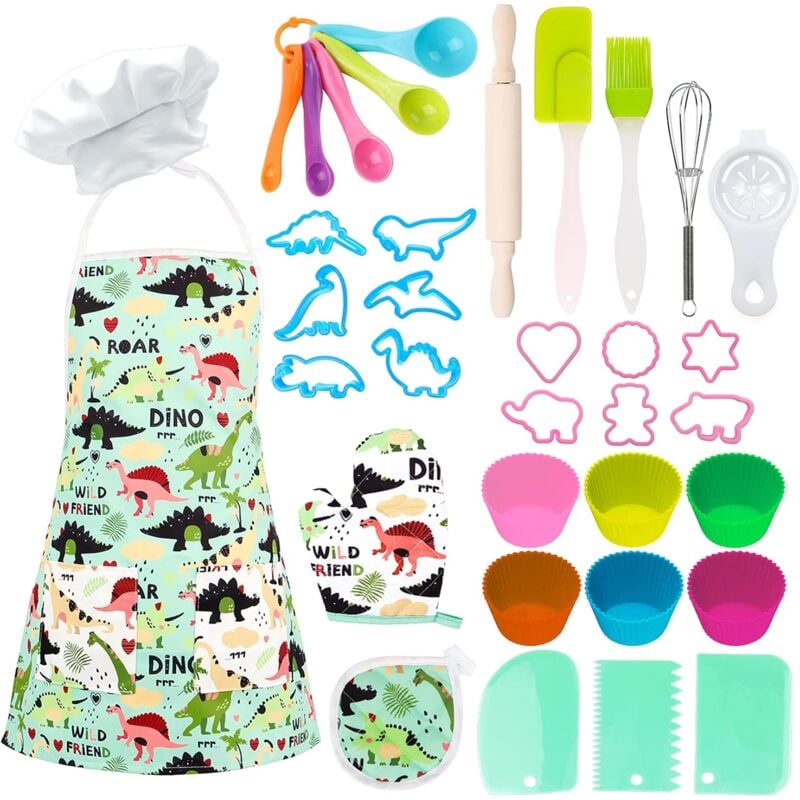 Ensemble De Chef pour Enfants 35 Pièces, Kit de Cuisine Ensemble De Cuisine Et De Pâtisserie pour Enfants, Tablier De Dinosaure, Gants, Fouet, Jouet