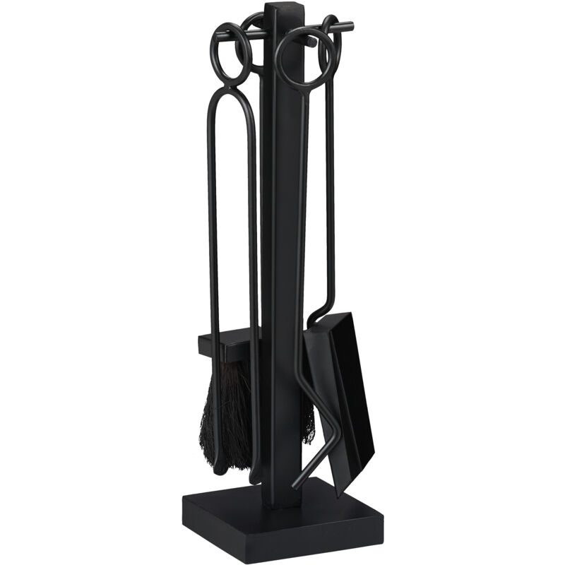 Couverts de cheminée, 5 pièces, tisonnier, pelle à cendres, balai, pince, fer, noir - Relaxdays