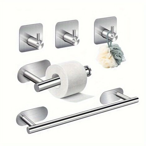 Ensemble de cinq porte-papier toilette à crochet carré, sans perçage, auto-adhésif, en acier inoxydable, mural, convient aux salles de bains, cuisines et salons (sans perçage, argenté).