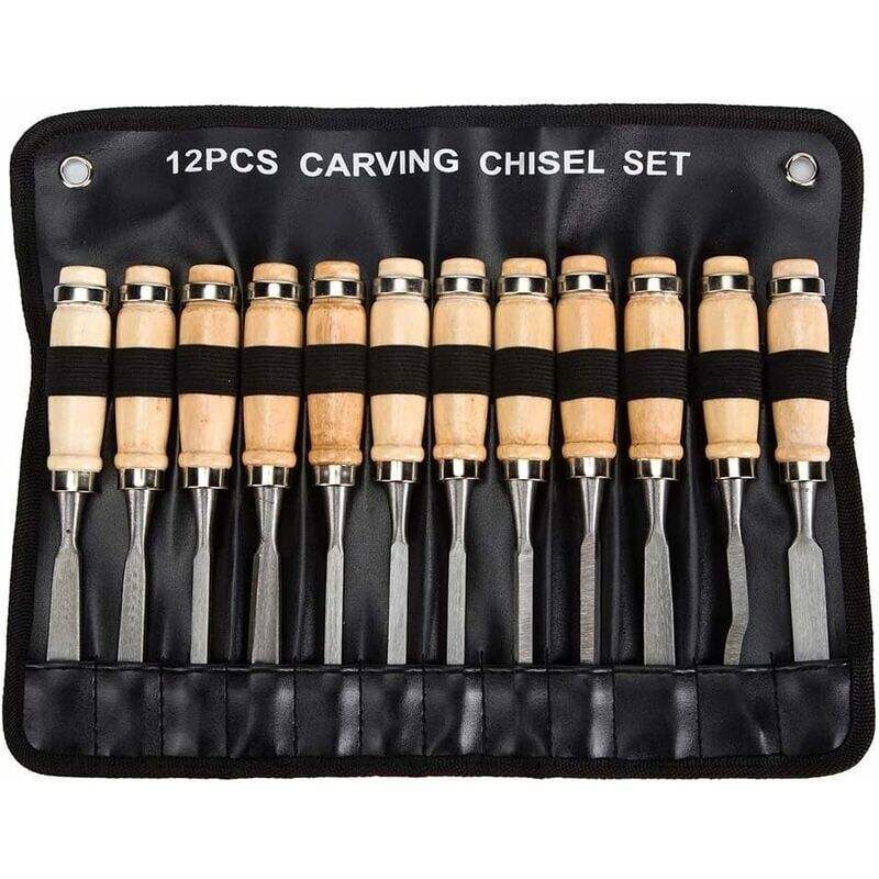 Ensemble de ciseaux à bois professionnels - 12 outils de travail du bois tranchants avec étui de transport - Kit de sculpture sur bois parfait pour