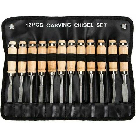 Ensemble de ciseaux à bois professionnels - 12 outils de travail du bois tranchants avec étui de transport - Kit de sculpture sur bois parfait pour les débutants en sculpture sur bois, pour les débuta