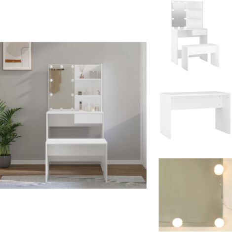 Ensemble de coiffeuse avec LED Blanc Bois d'ingénierie - Table De Maquillage - Coiffeuse Avec Miroir - Meuble De Salle De Bain - Éclairage Led - Rangement Maquillage