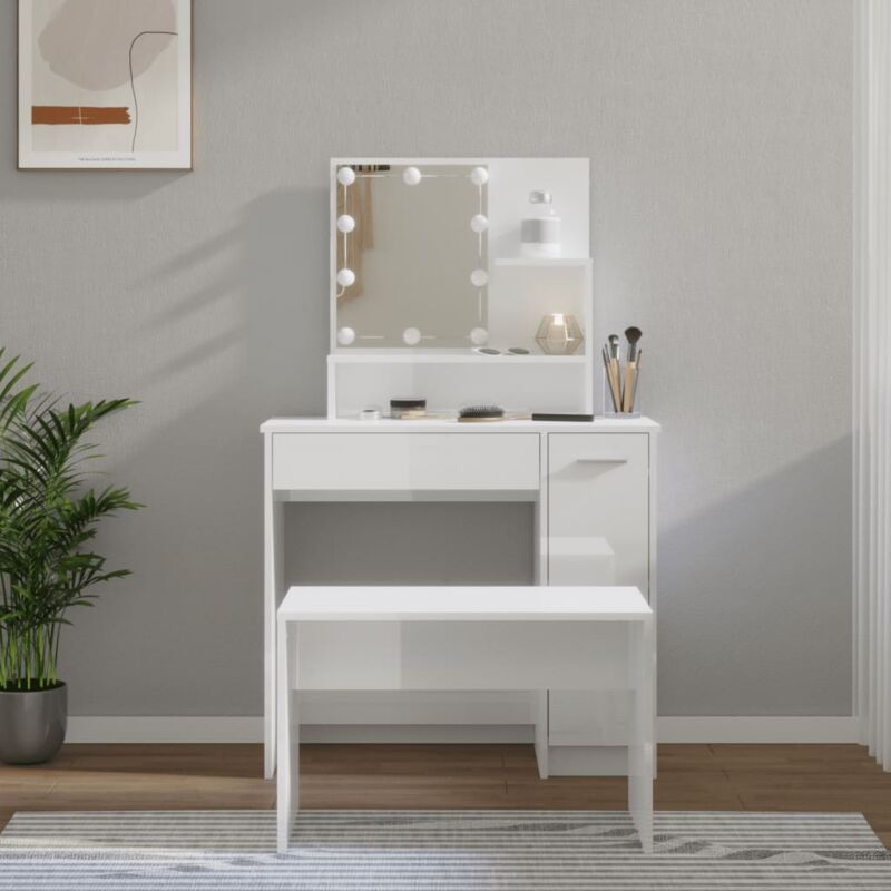 Ensemble de coiffeuse avec led Coiffeuse + tabouret Table de maquillage Blanc brillant Bois d'ingénierie 75505
