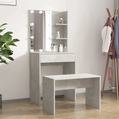 Ensemble de coiffeuse avec LED Coiffeuse + tabouret  Table de maquillage Gris béton Bois d'ingénierie 56833