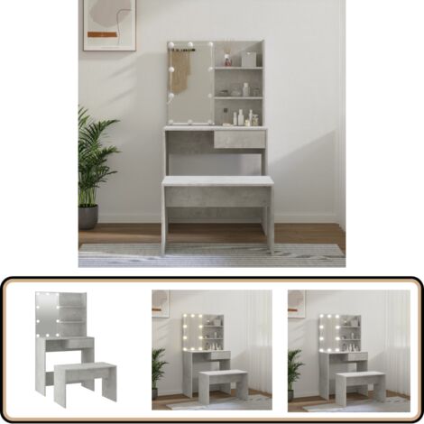 Ensemble de coiffeuse avec LED Gris béton Bois d'ingénierie - Table De Maquillage - Coiffeuse Avec Miroir - Meuble De Salle De Bain - Éclairage Led - Rangements