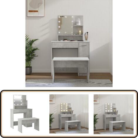 Ensemble de coiffeuse avec LED Gris béton Bois d'ingénierie - Table De Maquillage - Coiffeuse Avec Miroir - Meuble De Salle De Bain - Éclairage Led - Rangements