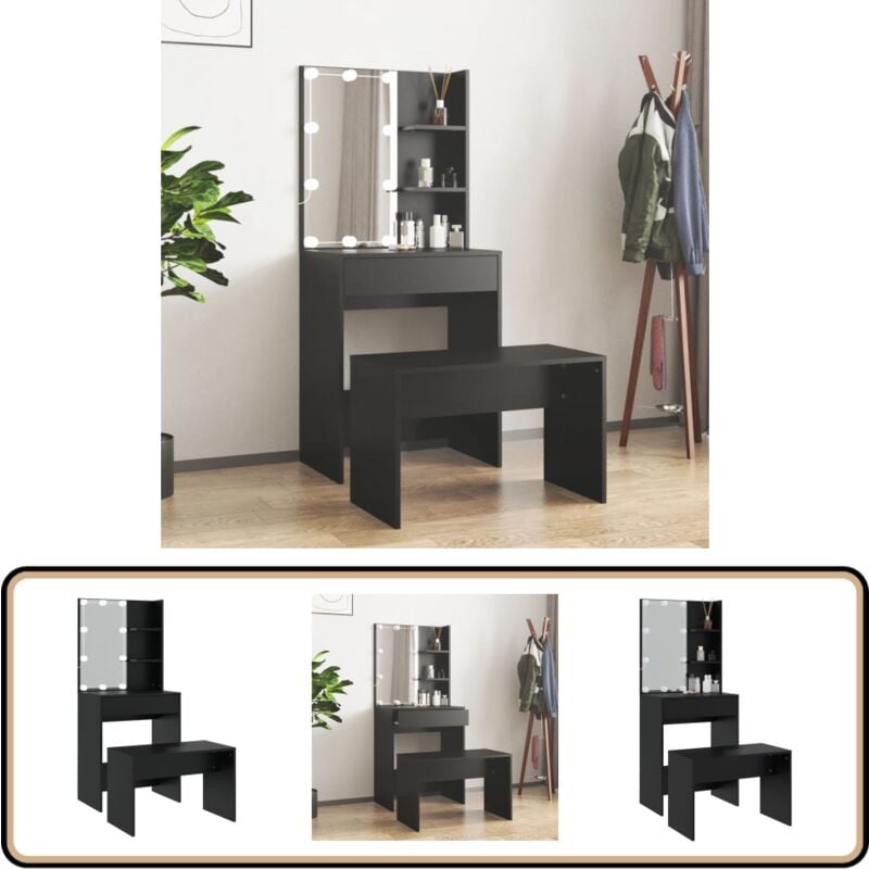 Ensemble de coiffeuse avec LED Noir Bois d'ingénierie - Table De Maquillage - Coiffeuse Avec Miroir - Meuble De Salle De Bain - Éclairage Led