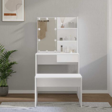 Ensemble de coiffeuse avec LED  Table de maquillage  Compartiments de Rangement  Coiffeuse Maquillage Blanc Bois d'ingénierie DNBD23636