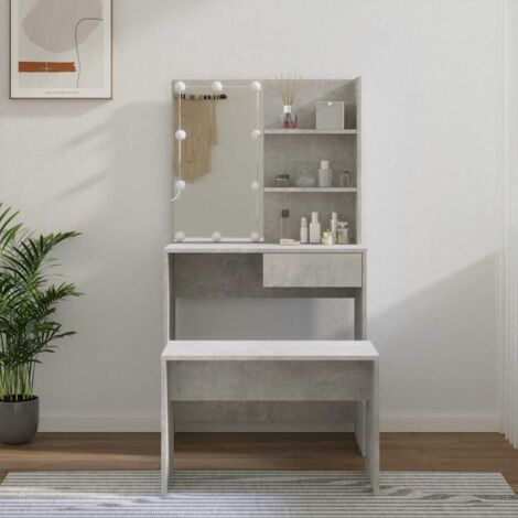 Ensemble de coiffeuse avec LED  Table de maquillage  Compartiments de Rangement  Coiffeuse Maquillage Gris béton Bois d'ingénierie DNBD53851