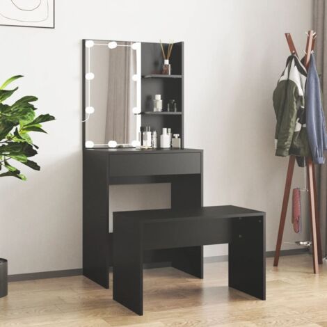 Ensemble de coiffeuse avec LED  Table de maquillage  Compartiments de Rangement  Coiffeuse Maquillage Noir Bois d'ingénierie DNBD62009