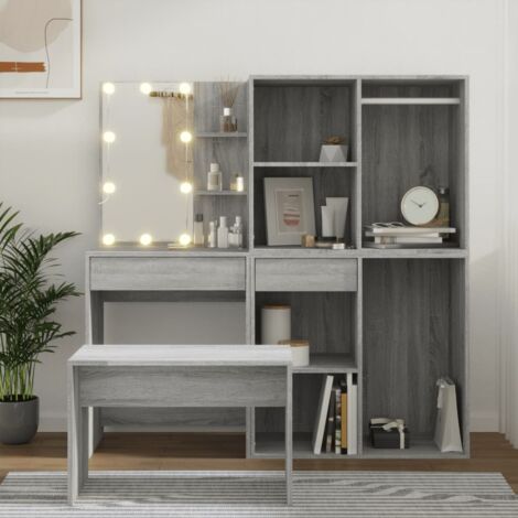 Ensemble de coiffeuse avec LED  Table de maquillage  Compartiments de Rangement  Coiffeuse Maquillage Sonoma gris Bois d'ingénierie VSGS598868