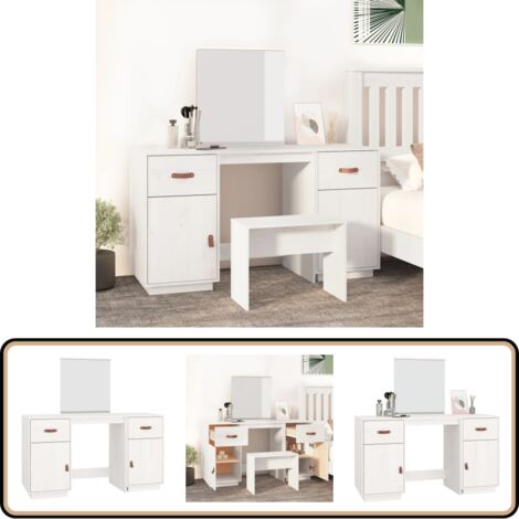 Ensemble de coiffeuse avec miroir Blanc Bois de pin solide - Meuble De Salle De Bain - Coiffeuse Blanche - Commode Avec Miroir - Vanity Table - Dressing Table