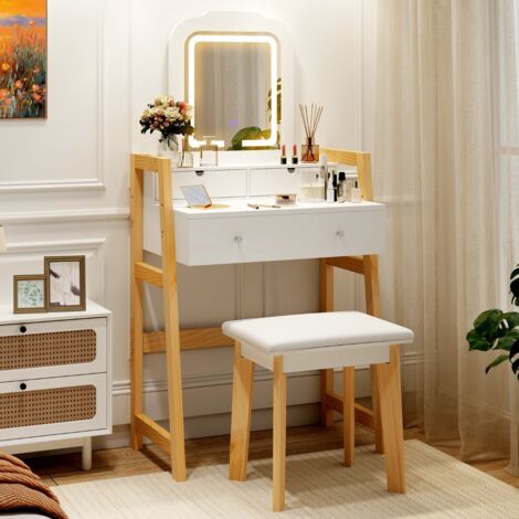 Ensemble de Coiffeuse avec Miroir Éclairé et Tabouret Table de Maquillage avec Lumières LED 3 Couleurs Tiroirs Pieds en Bois de Pin Blanc