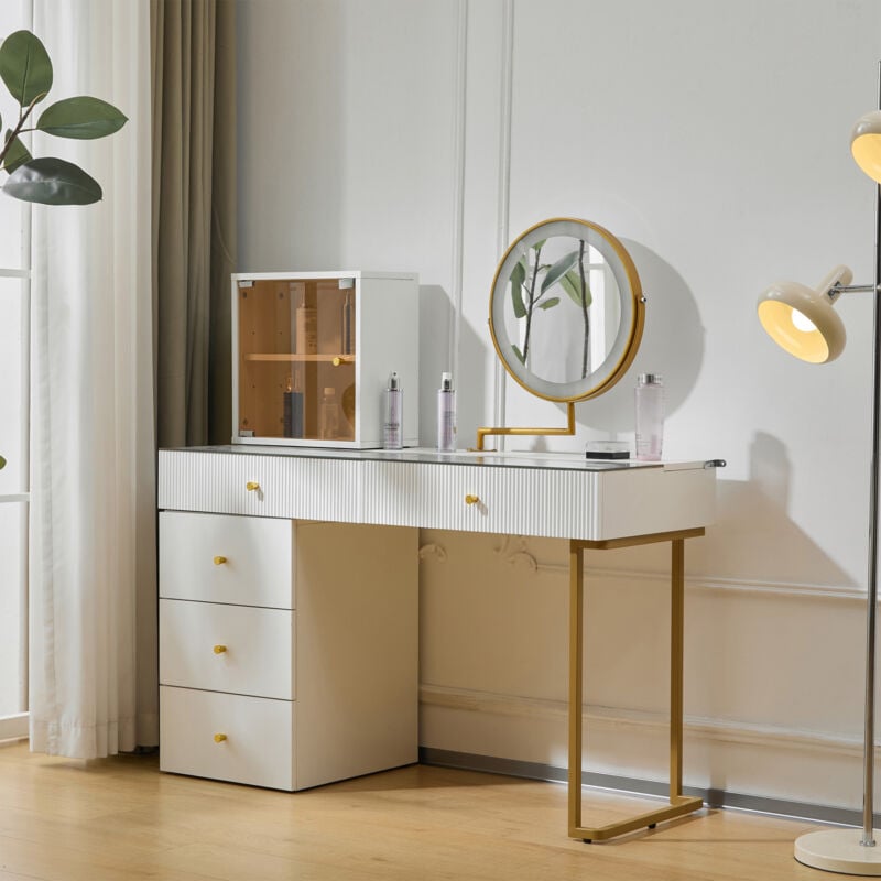 Okwish - Coiffeuse avec miroir éclairé par led, plateau de table en verre trempé transparent, avec armoire, (sans tabouret) 120x45x115 cm