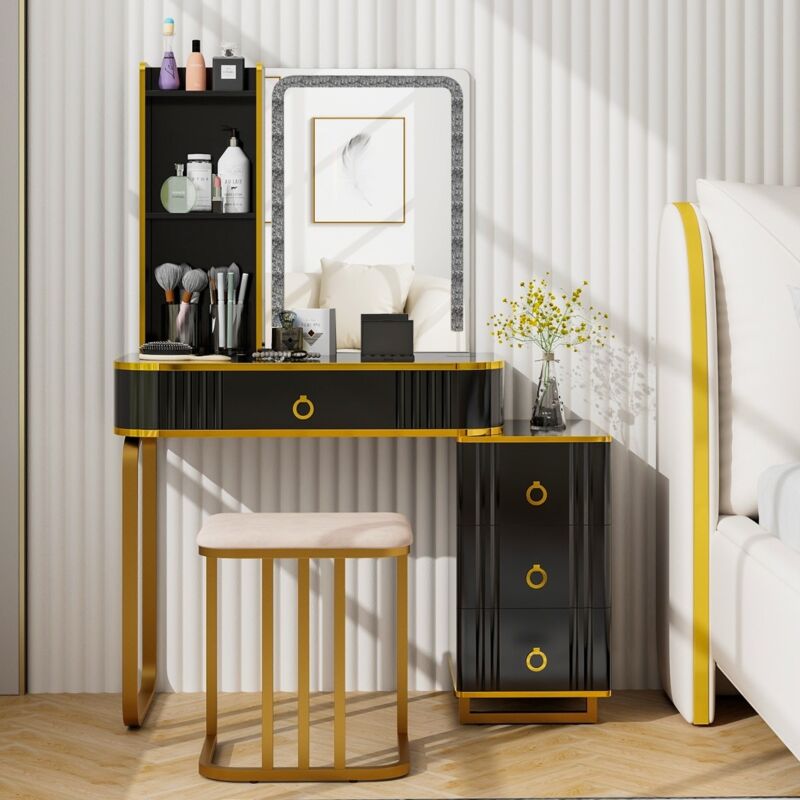 Ensemble de Coiffeuse avec Miroir Lumières et 4 Tiroirs 7 Lumières LED RVB Dynamiques et 7 Statiques à Intensité Variable pour Chambre Noir
