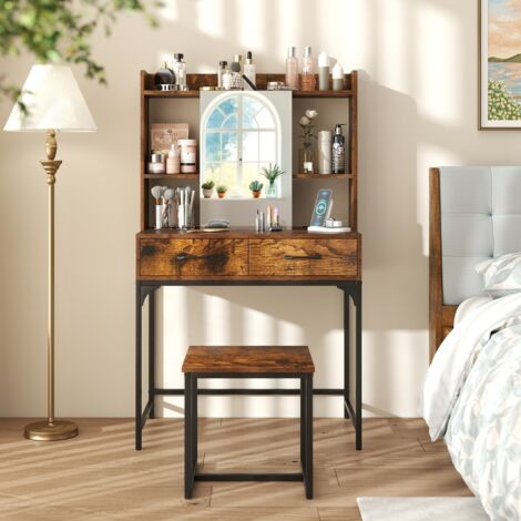 Ensemble de Coiffeuse avec Miroir Table de Maquillage avec Station de Charge Tiroirs Étagères Ouvertes et Armoire à Miroir Café