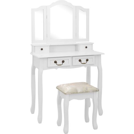 Ensemble de coiffeuse avec tabouret Blanc 80x69x141 Paulownia