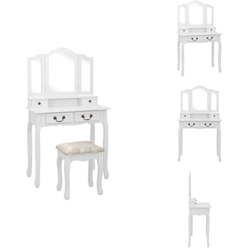 Ensemble de coiffeuse avec tabouret Blanc 80x69x141cm Paulownia - Meuble À Maquiller - Coiffeuse Blanche - Bureau De Toilette - Meuble Rangement