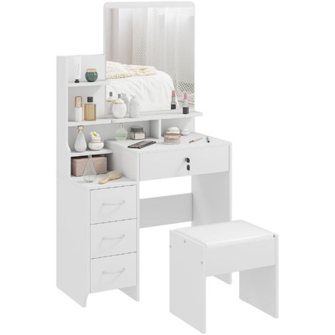 Ensemble de coiffeuse avec tabouret rembourré grand miroir + plusieurs étagères ouvertes + 4 tiroirs blanc