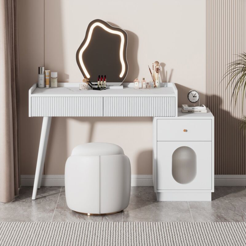Ensemble de coiffeuse de chambre blanche avec miroir LED,D100cm×H75cm