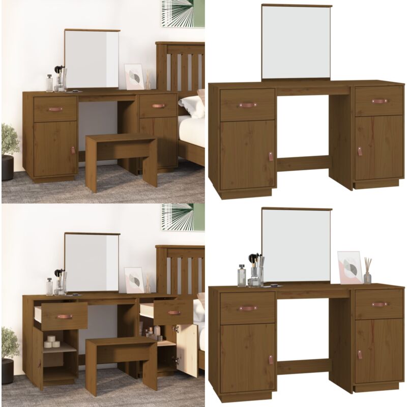 Vidaxl - Ensemble de coiffeuse et miroir Marron miel Bois de pin solide - Meuble De Salle De Bain - Coiffeuse - Vanity - Commode - Dressing - Home &