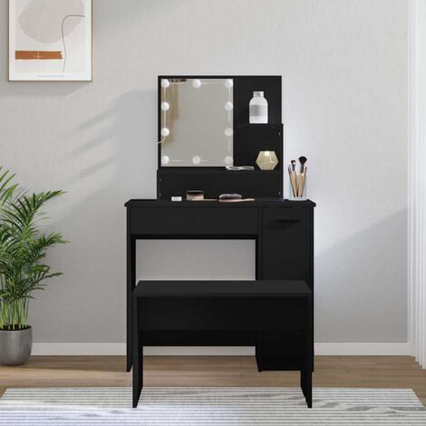 Ensemble de coiffeuse et Miroir + tabouret avec LED,Style Moderne Noir Bois d'ingénierie -BV80601