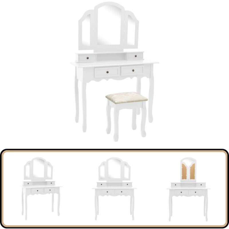 Vidaxl - Ensemble de coiffeuse et tabouret Blanc 100x40x146 cm Paulownia - Table De Maquillage - Coiffeuse - Meuble De Salle De Bain - Mobilier De