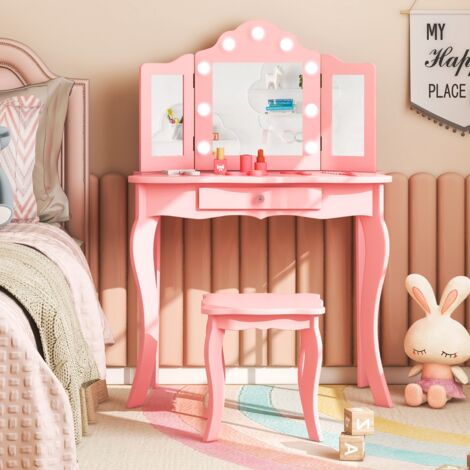 Ensemble de Coiffeuse et Tabouret pour Enfants Maquillage 2 en 1 avec Miroir Pliant en Verre Véritable et Tiroir Ensemble de Coiffeuse Rose DESIGN IN