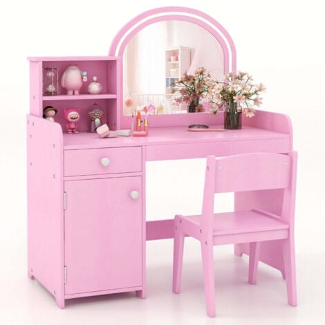 NORTHIX Ensemble de coiffeuse pour enfants 2 en 1 avec tabouret lumieres led miroir et tiroir table cosmetique rose 88