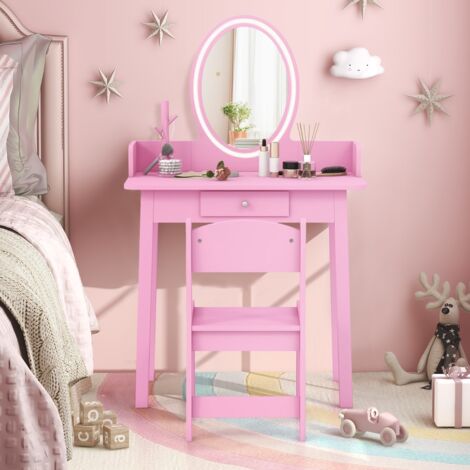 Ensemble de Coiffeuse pour Enfants avec Miroir Éclairé Coiffeuse de Maquillage avec Chaise Éclairage Led Bicolore Organisateur de Rose