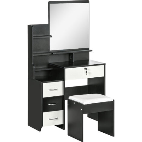 Ensemble de coiffeuse table de maquillage avec tabouret rembourré grand miroir + plusieurs étagères ouvertes + 4 tiroirs blanc noir