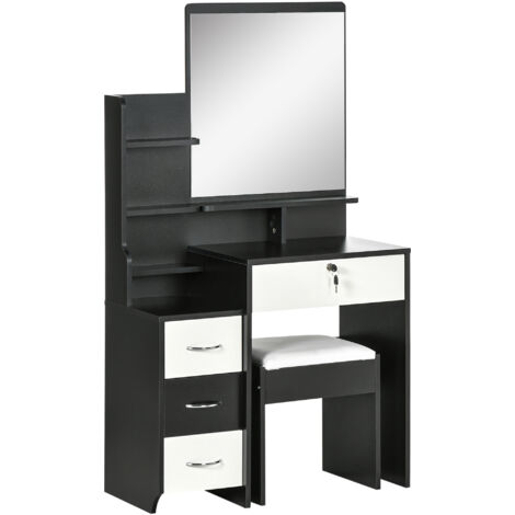 Ensemble de coiffeuse table de maquillage avec tabouret rembourré grand miroir + plusieurs étagères ouvertes + 4 tiroirs blanc noir